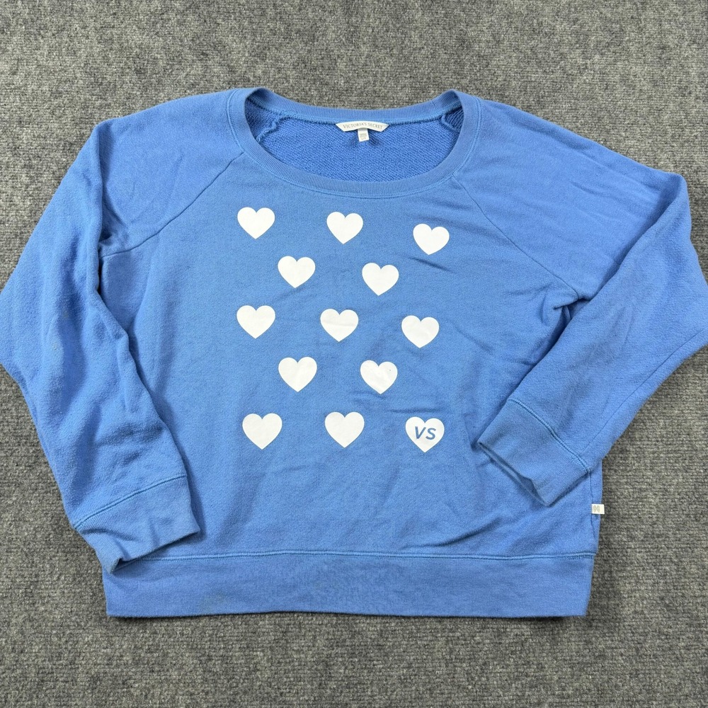 Victoria's Secret Sweatshirt Womens L Blue Heart Print Raglan Pullover Logo Top